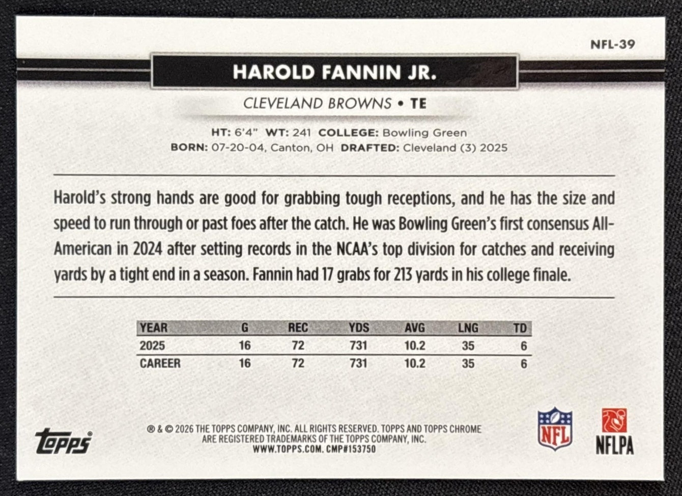 Harold Fannin Jr. 2026 Topps NSCC Collection NFL Browns Sports Trading Cards