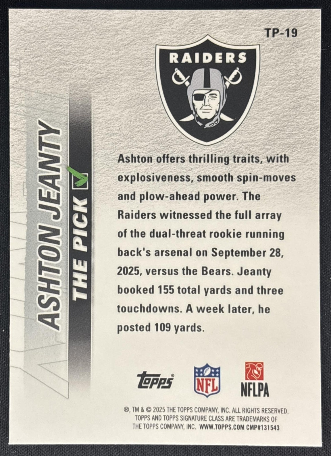 Ashton Jeanty 2025 Topps Signature Class The Pick Raiders back