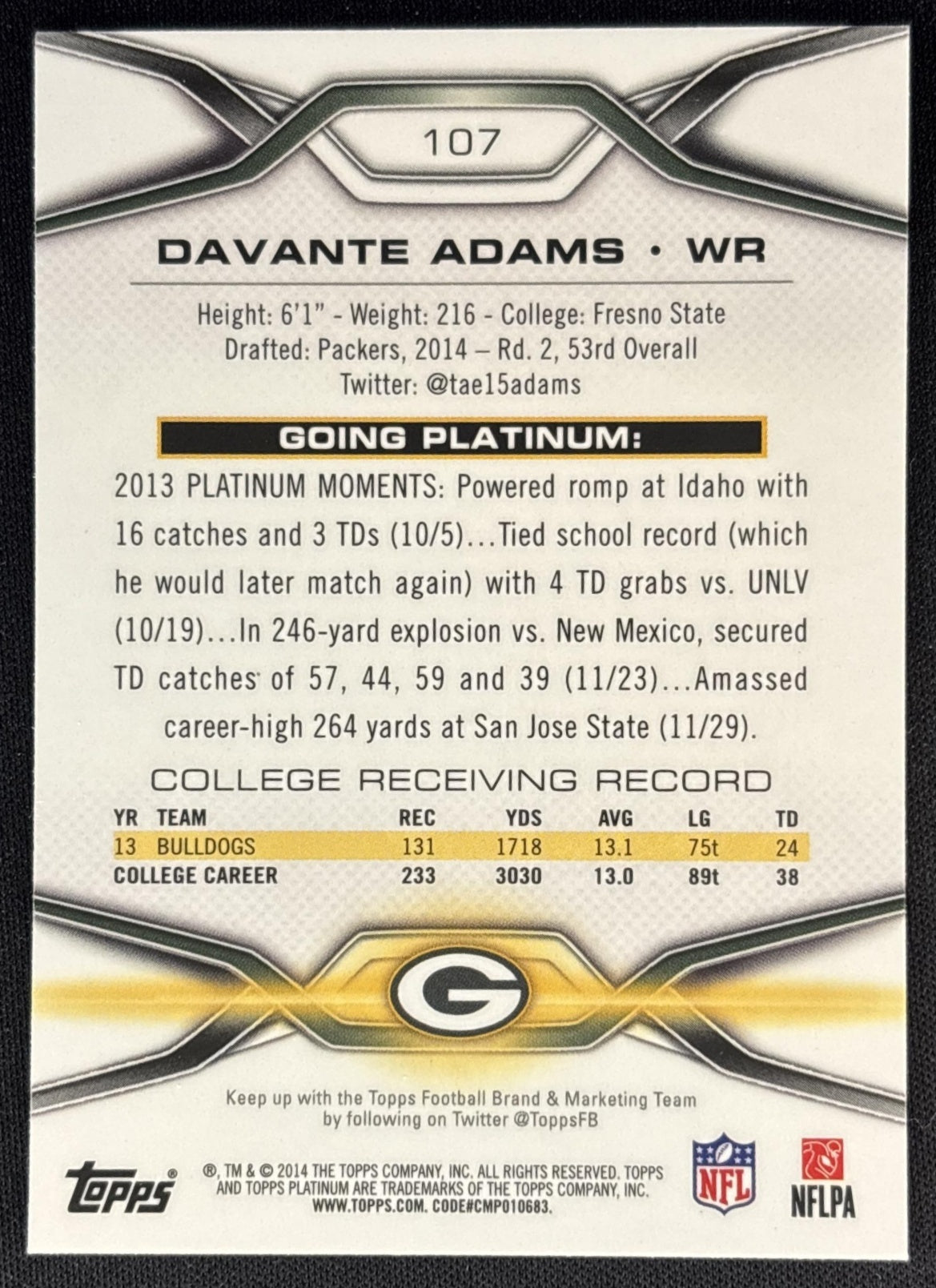 Davante Adams 2014 Topps Platinum Packers Sports Trading Cards
