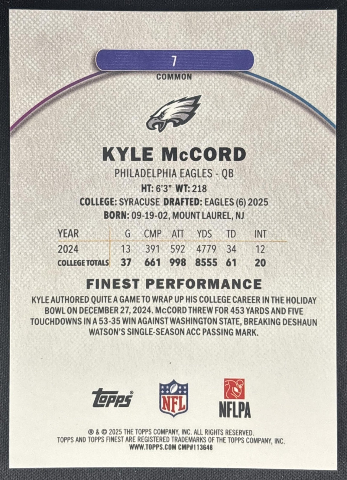 Kyle McCord 2025 Topps Finest Sky Blue Refractor /325 Eagles back