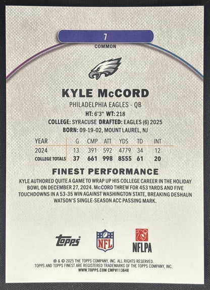 Kyle McCord 2025 Topps Finest Sky Blue Refractor /325 Eagles back