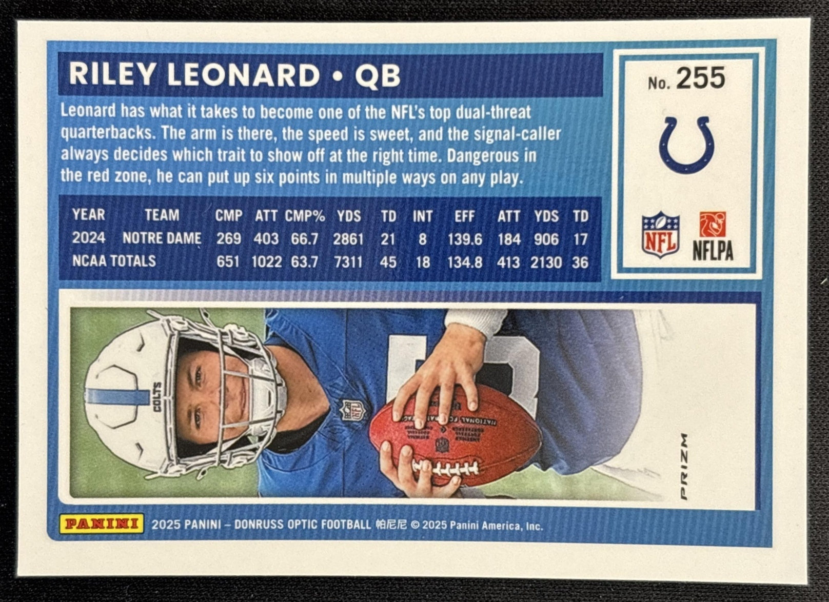 Riley Leonard 2025 Panini Donruss Optic Rated Rookie Teal Velocity Prizm Colts back