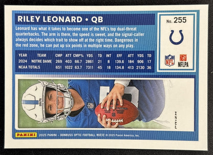 Riley Leonard 2025 Panini Donruss Optic Rated Rookie Teal Velocity Prizm Colts back