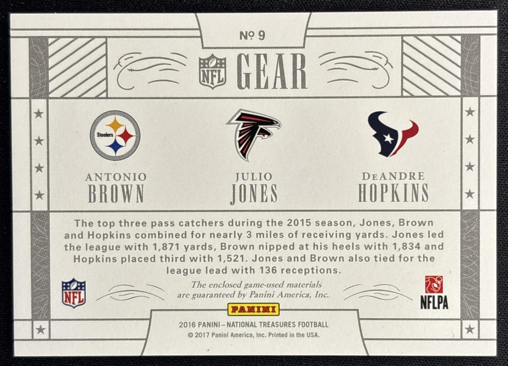DeAndre Hopkins Antonio Brown Julio Jones 2016 National Treasures NFL Gear Trios /49 Falcons Texans Steelers