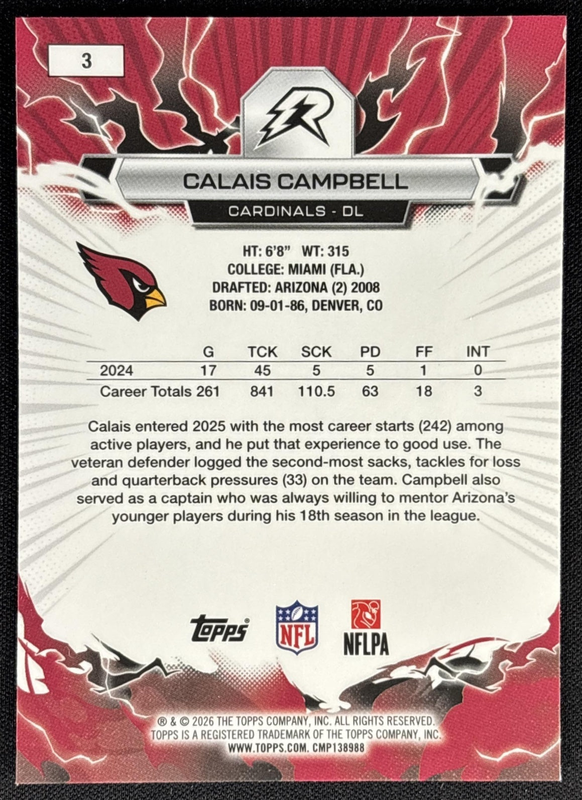 Calais Campbell 2025 Topps Resurgence Blue and Orange Spark Refractor Cardinals