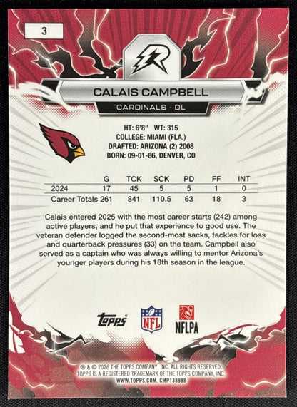 Calais Campbell 2025 Topps Resurgence Blue and Orange Spark Refractor Cardinals