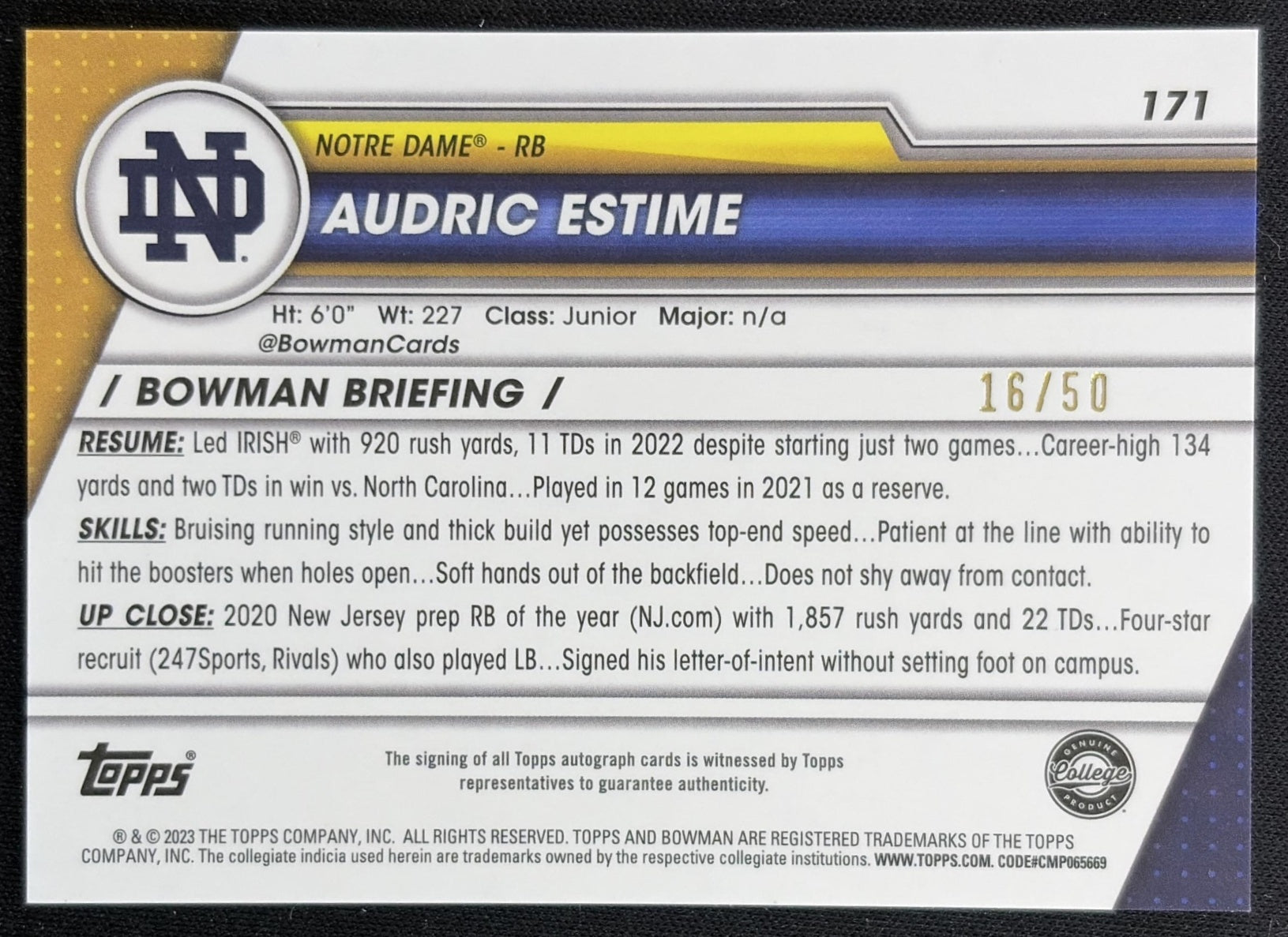 Audric Estime 2023 University Chrome Prospect Auto Gold Refractor /50 Fighting Irish Back