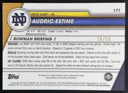 Audric Estime 2023 University Chrome Prospect Auto Gold Refractor /50 Fighting Irish Back