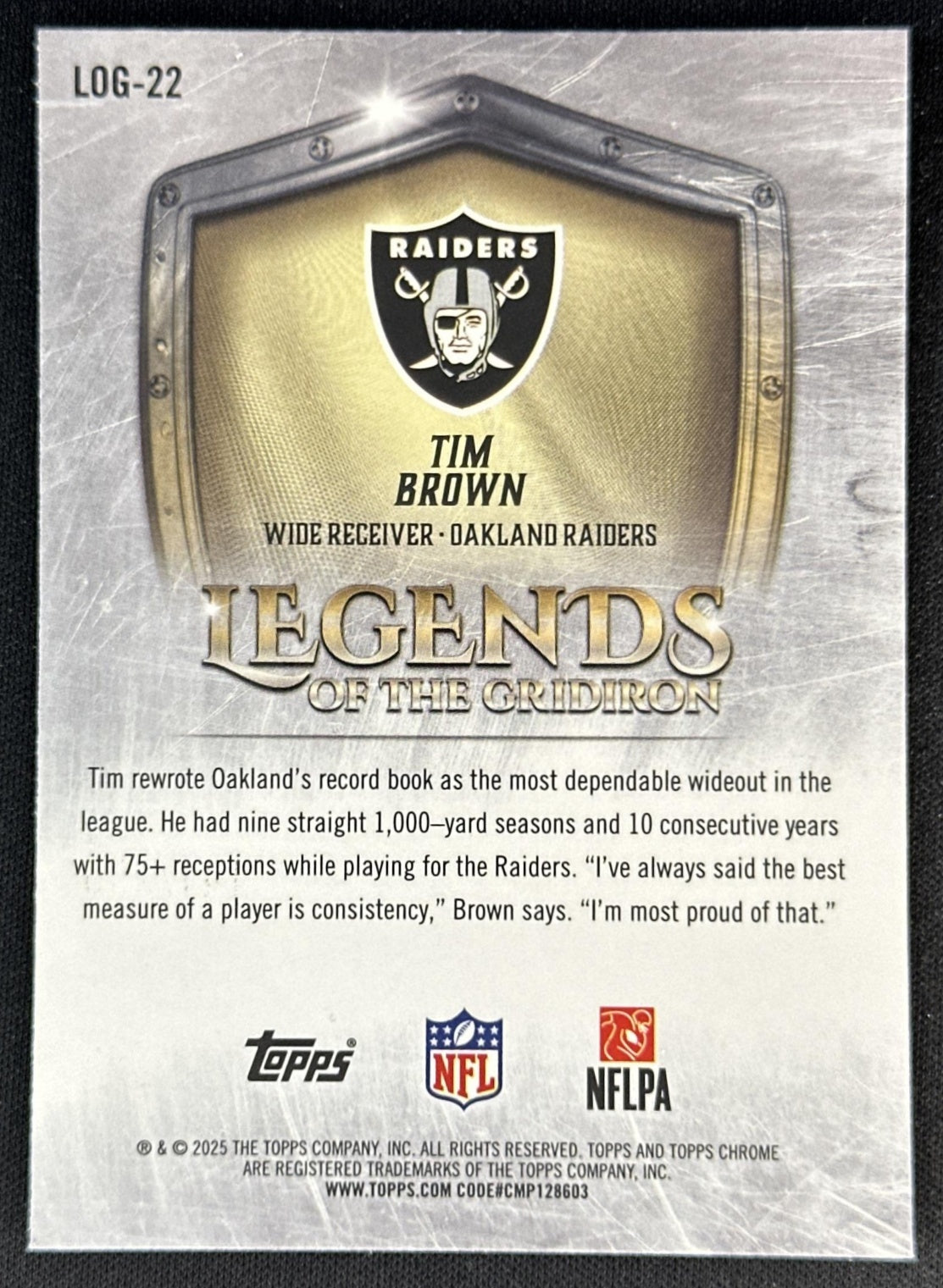 Tim Brown 2025 Topps Chrome Legends of the Gridiron Pink Refractor /250 Raiders