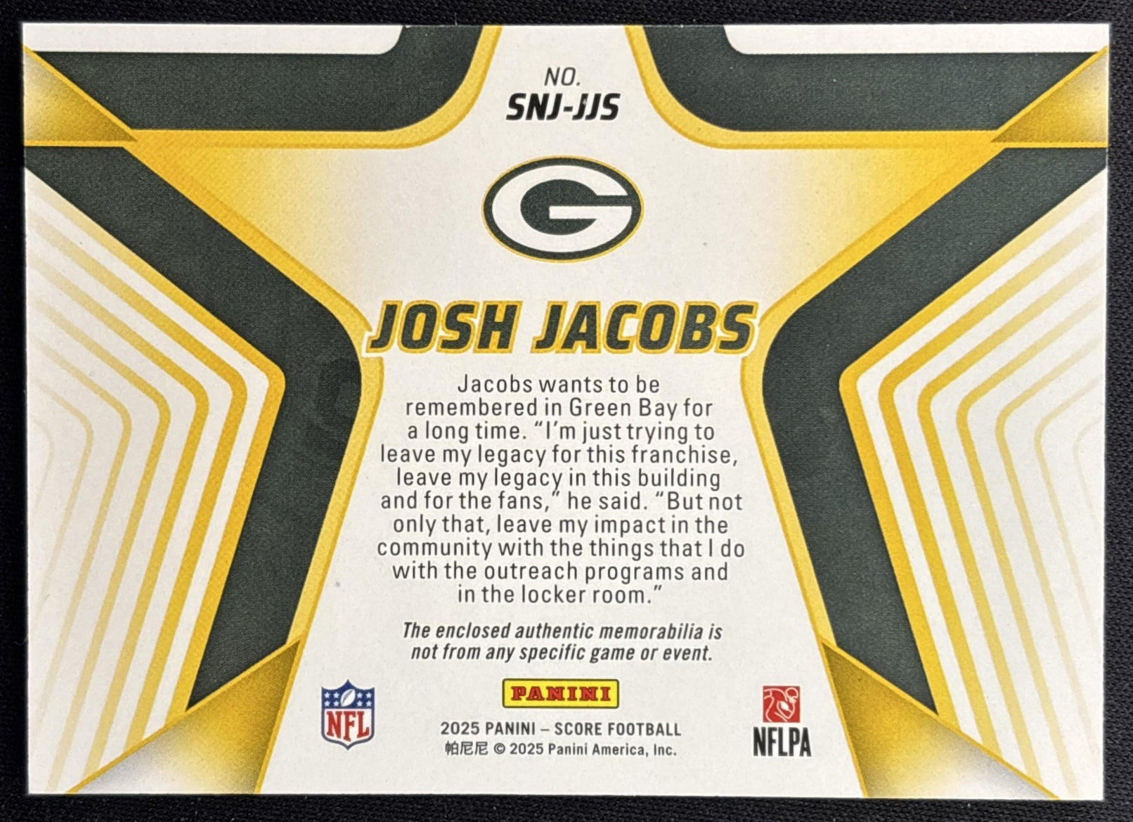 Josh Jacobs 2025 Panini Score Stars of the NFL Jersey Packers back