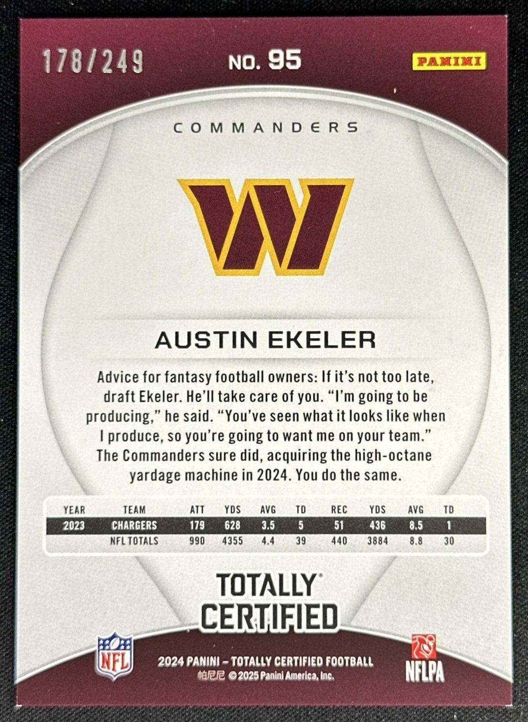 Austin Ekeler 2024 Panini Totally Certified Mirror Red /249 Commanders