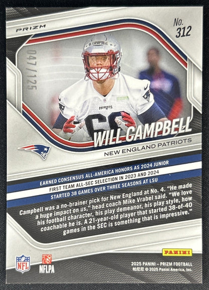 Will Campbell 2025 Panini Prizm Purple /125 Patriots back