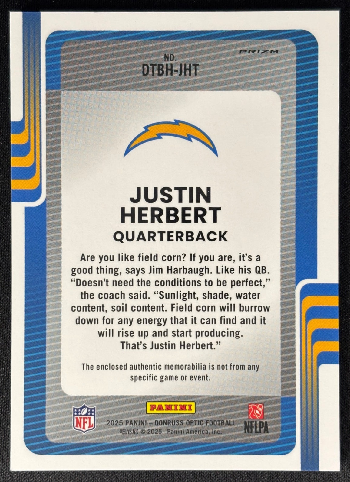 Justin Herbert 2025 Donruss Optic Threads Blue Hyper Prizm Chargers (back) - sports trading card - Wayne Collection