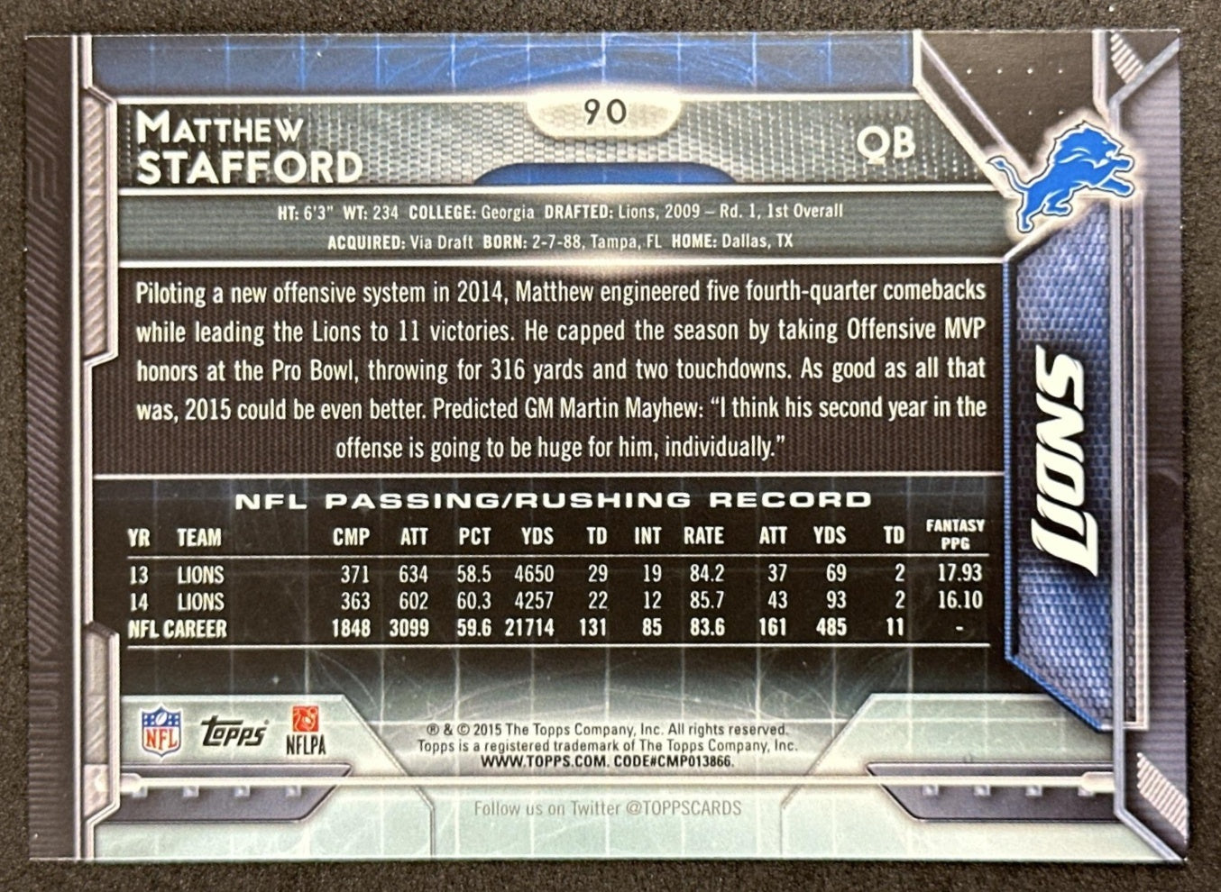 Matthew Stafford 2015 Topps Lions Detroit Lions Sports Trading Card