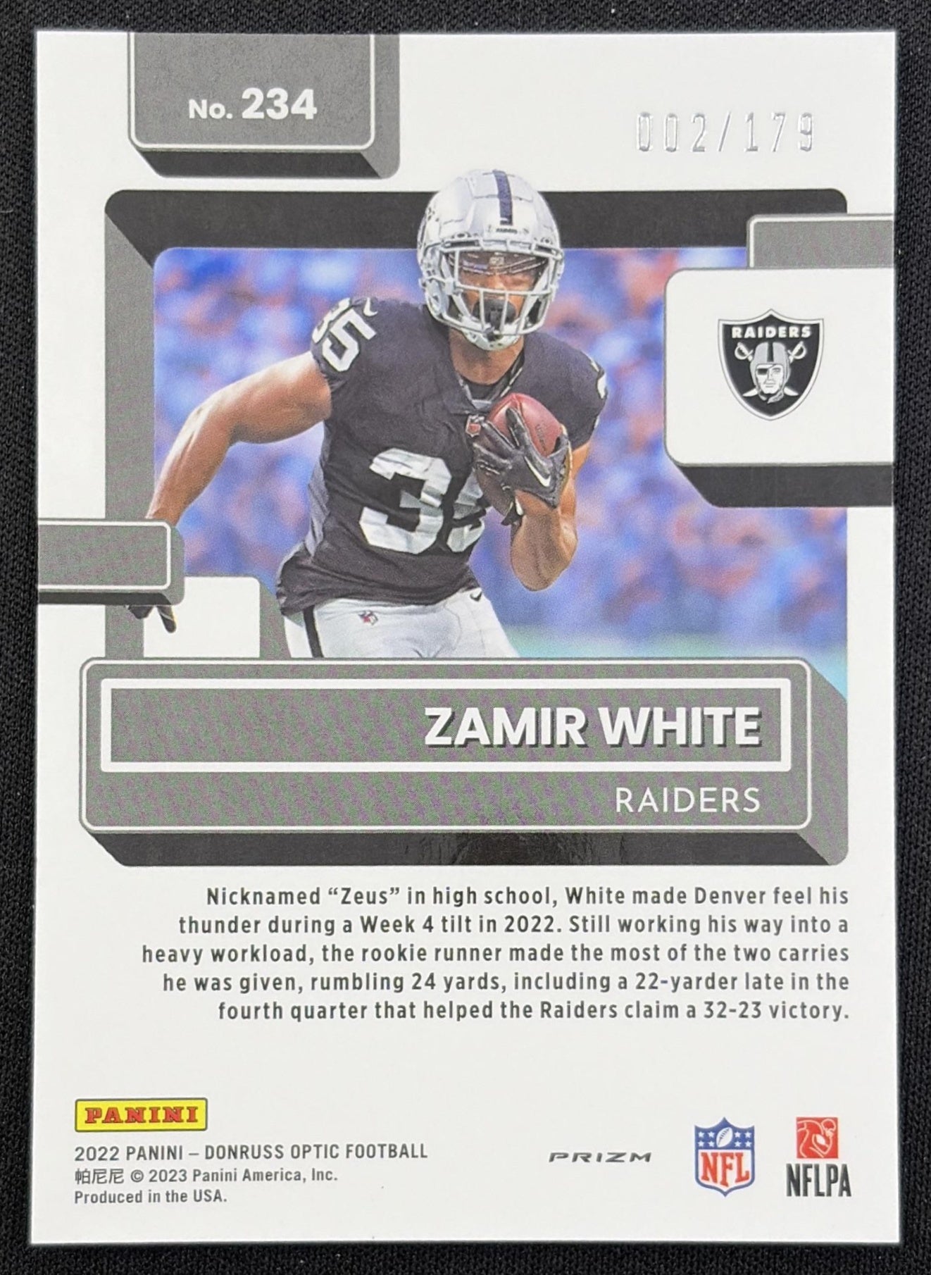 Zamir White 2022 Panini Donruss Optic Blue /179 Raiders