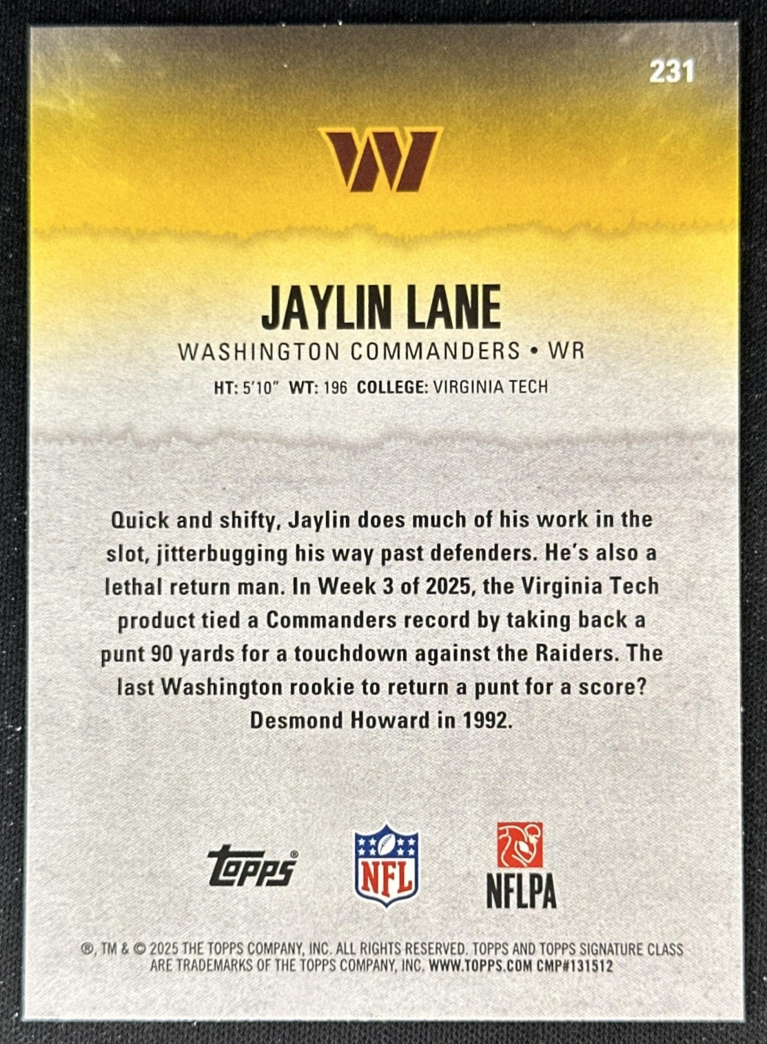 Jaylin Lane 2025 Topps Signature Class Green & Purple Rookie Commanders back