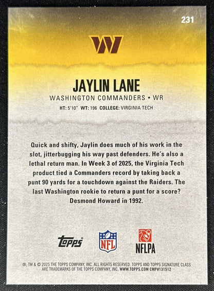 Jaylin Lane 2025 Topps Signature Class Green & Purple Rookie Commanders back