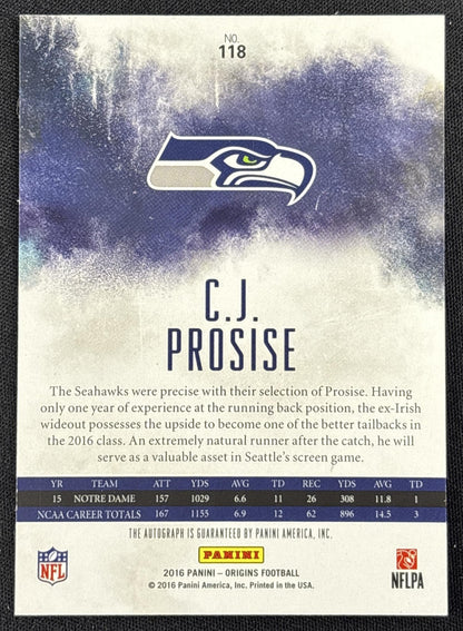 C.J. Prosise 2016 Panini Origins Auto Rookie Seattle Seahawks
