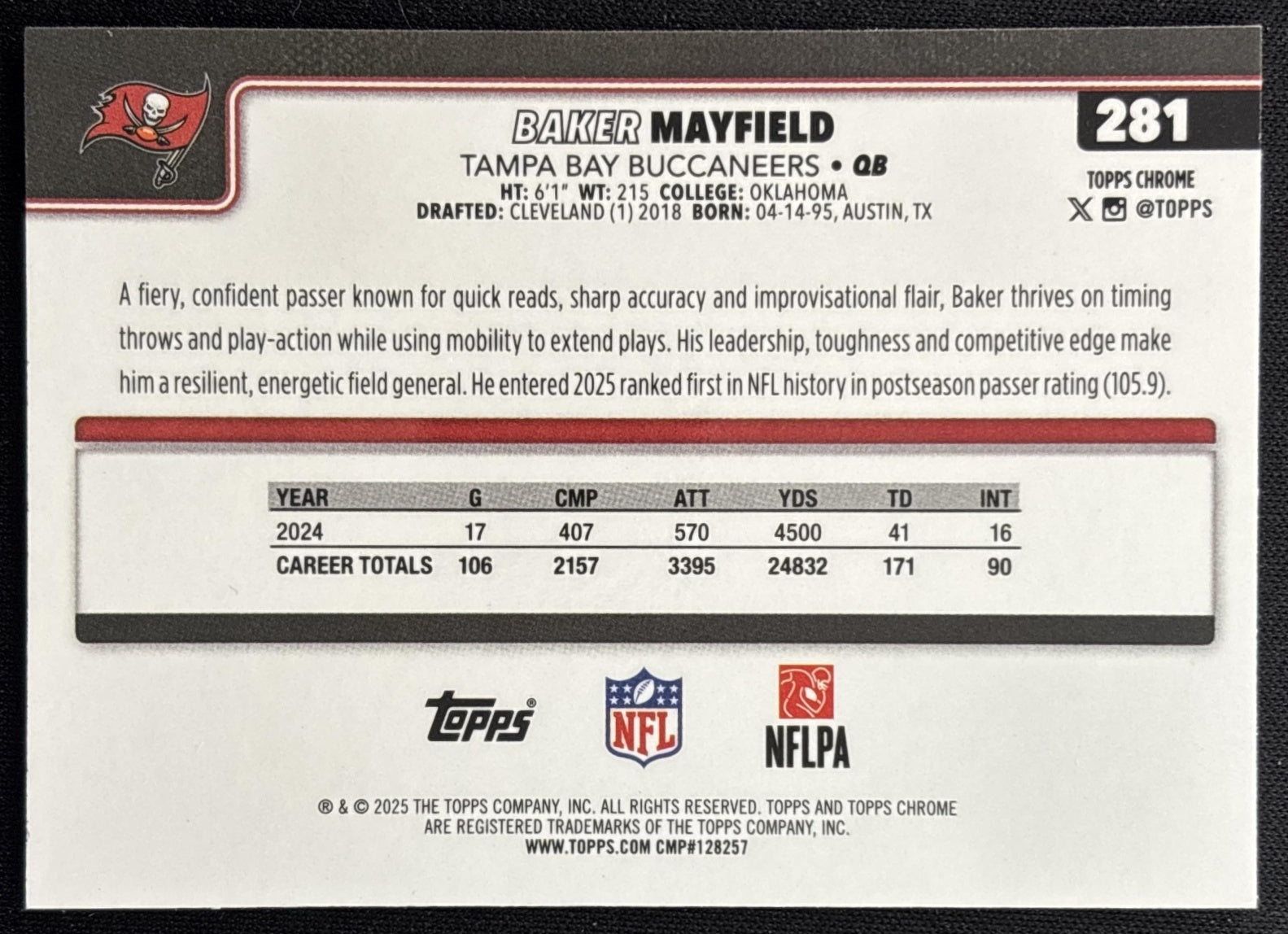 Baker Mayfield 2025 Topps Chrome Purple Refractor /75 Buccaneers Sports Trading Card