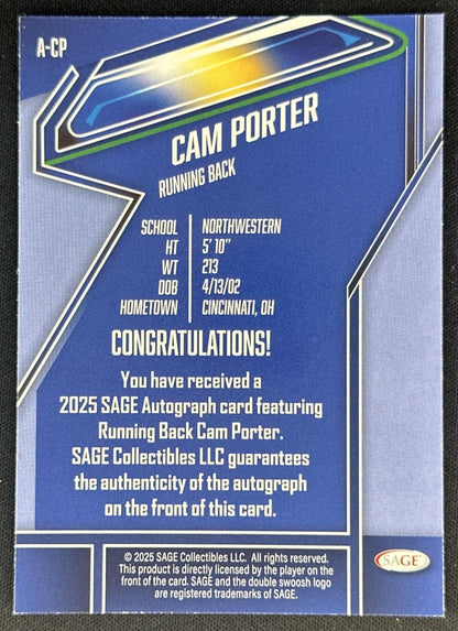 Cam Porter 2025 SAGE Auto Northwestern Wildcats Sports Trading Cards