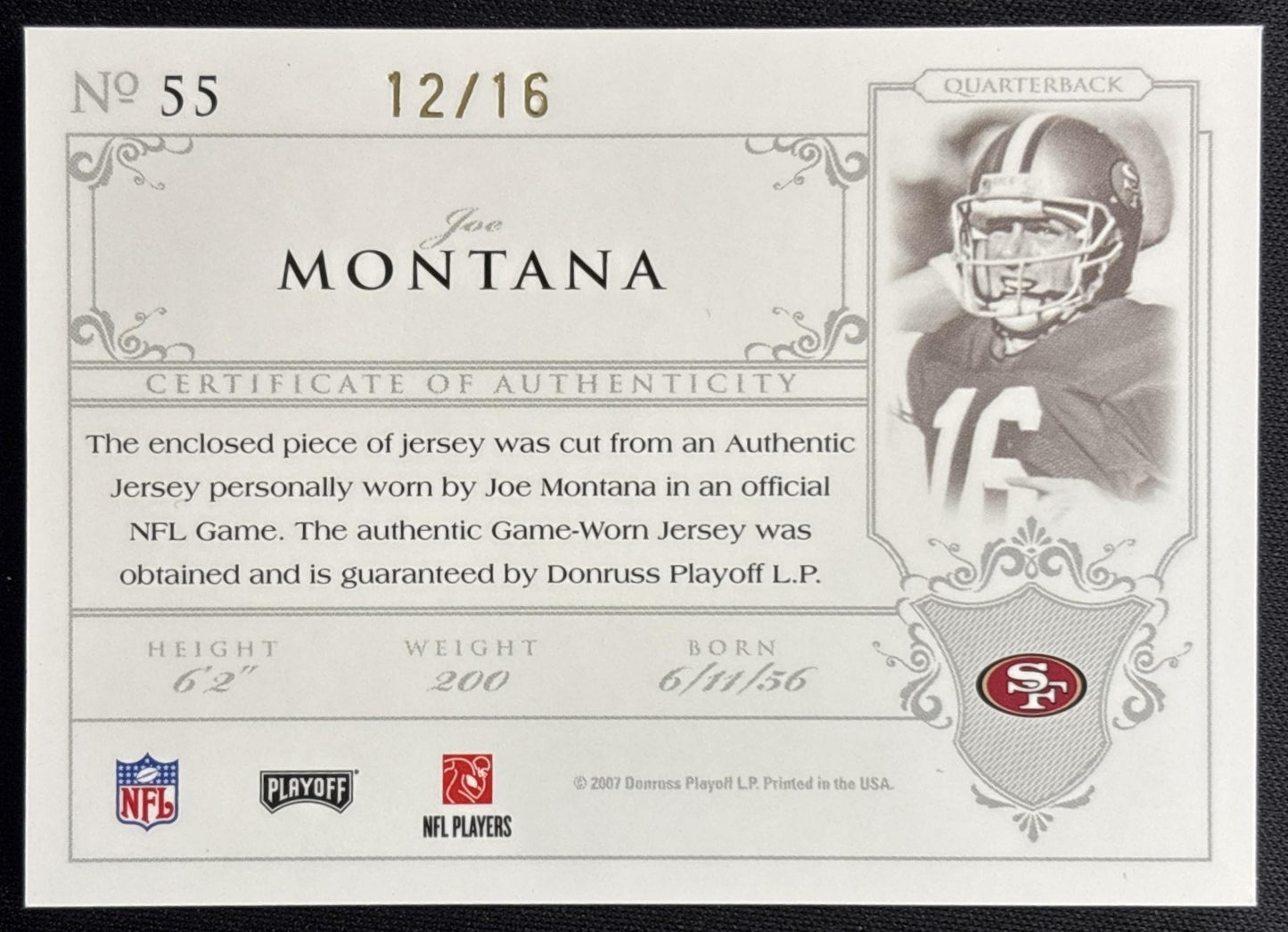 Joe Montana 2006 National Treasures Material Signature Jersey Numbers Prime /16 49ers Sports Trading Card