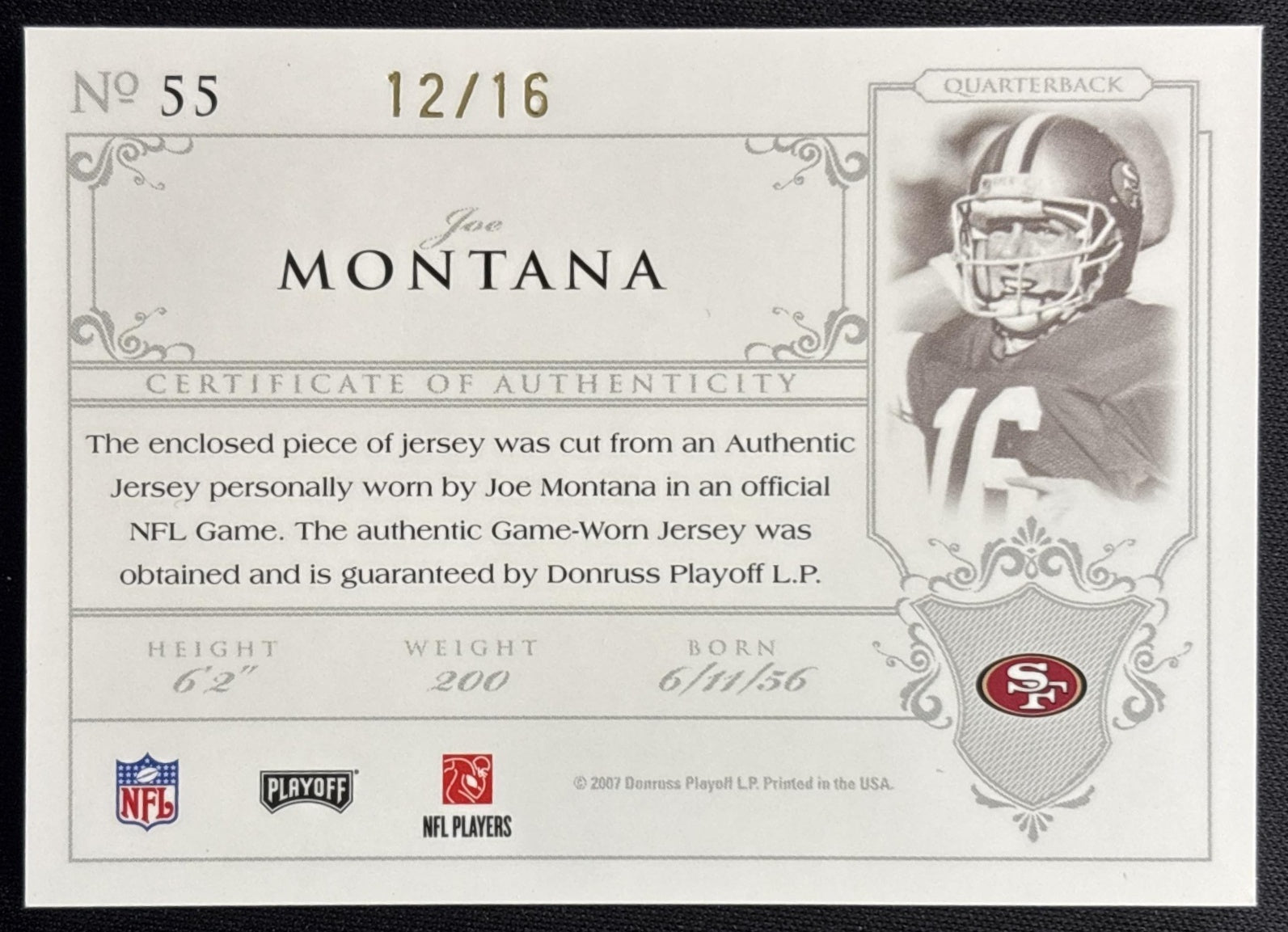 Joe Montana 2006 National Treasures Material Signature Jersey Numbers Prime /16 49ers Sports Trading Card