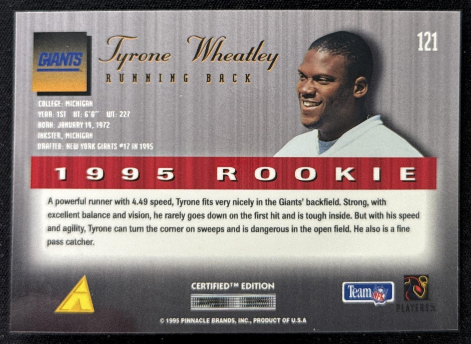 Tyrone Wheatley 1995 Pinnacle Select Certified Giants Sports Trading Card
