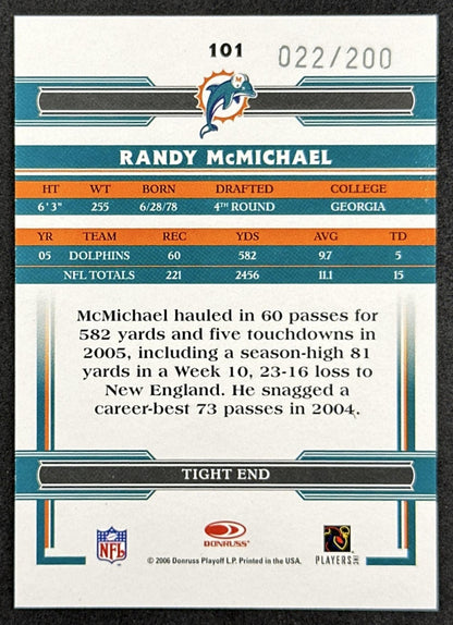 Randy McMichael 2006 Donruss Threads Retail Blue /200 Dolphins back