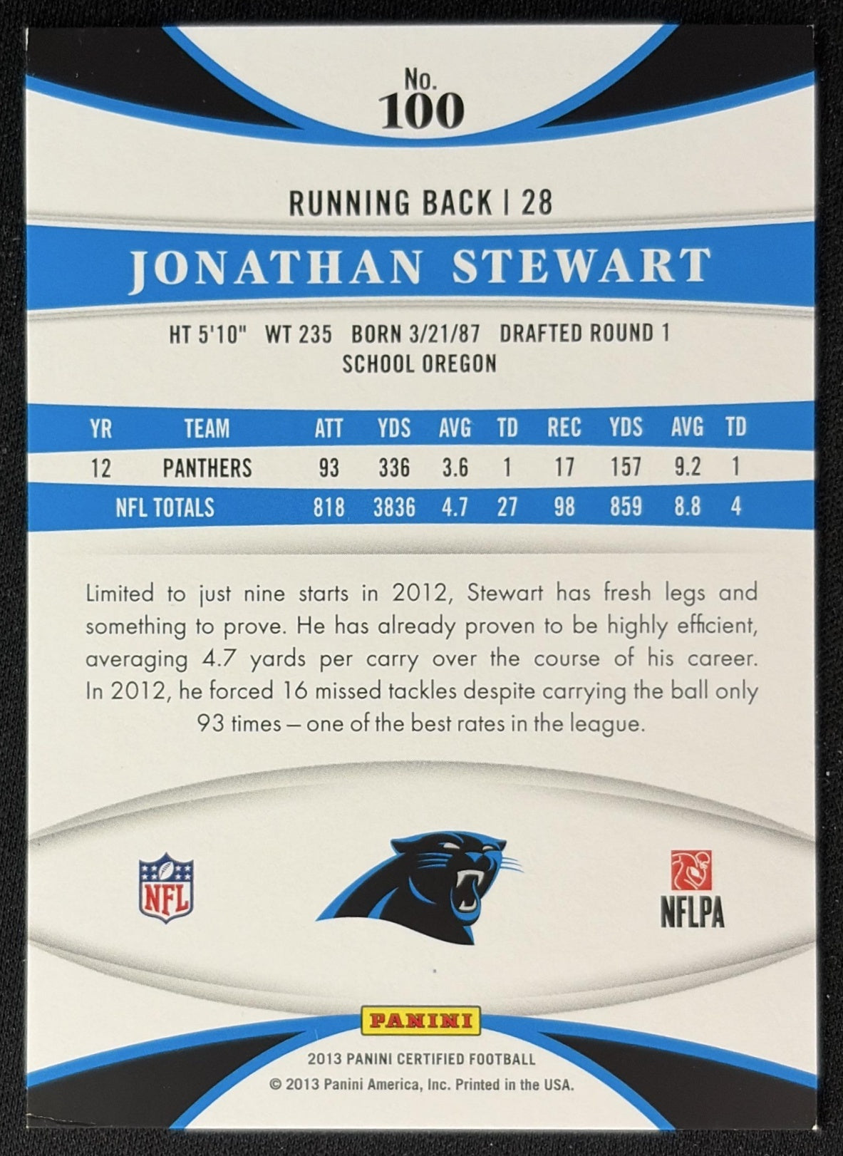 Jonathan Stewart 2013 Panini Certified Mirror Blue /100 Panthers