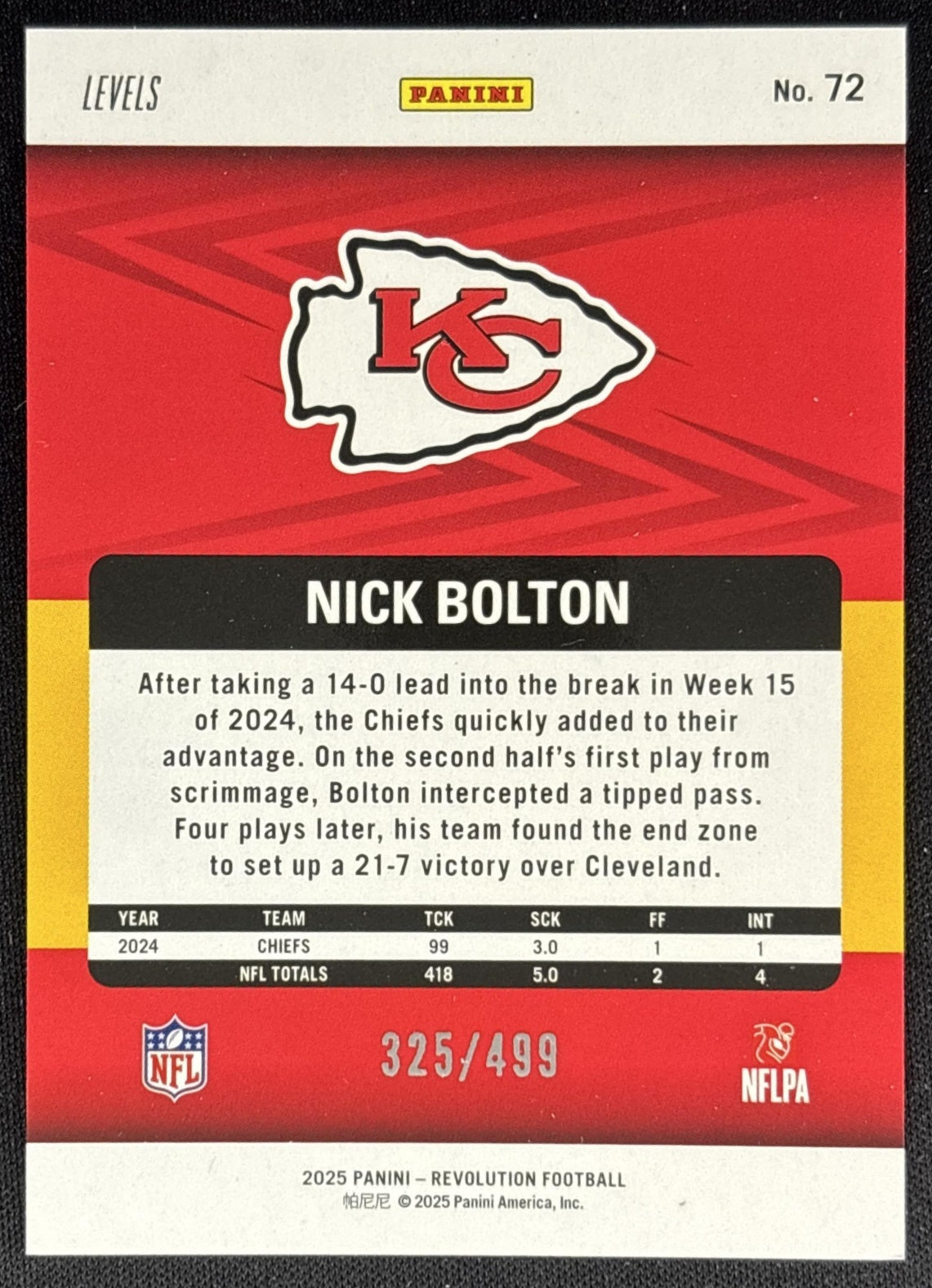 Nick Bolton 2025 Panini Revolution Teal Levels /499 Chiefs Sports Trading Cards