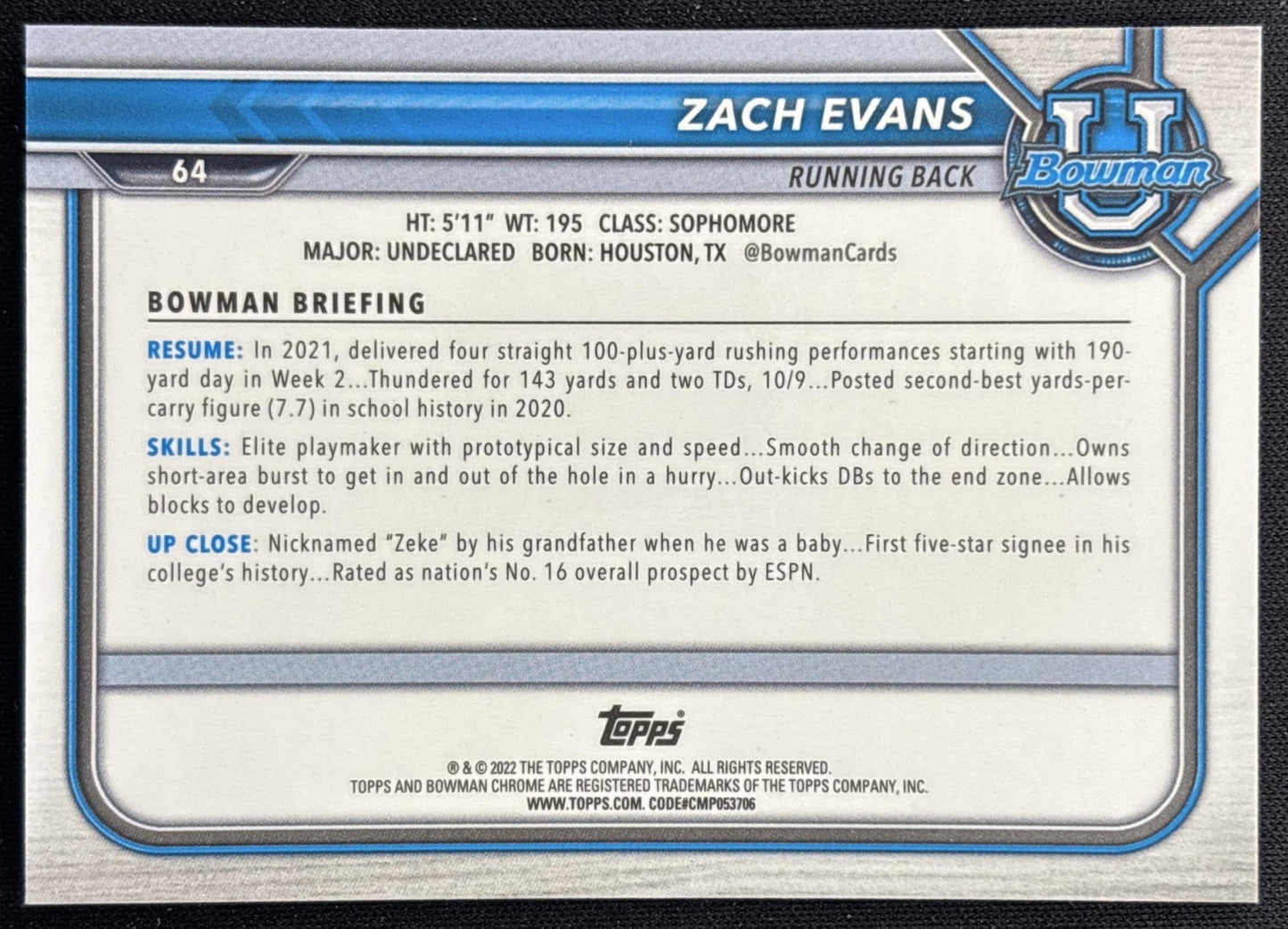 Zach Evans 2021 Bowman University Chrome Aqua /299 Horned Frogs back