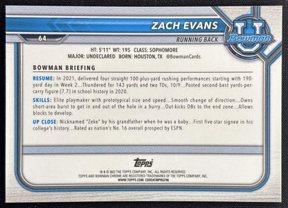 Zach Evans 2021 Bowman University Chrome Aqua /299 Horned Frogs back