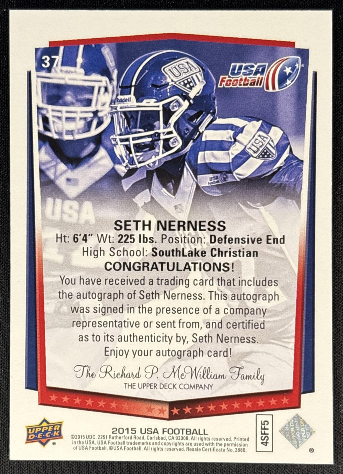 Seth Nerness 2015 Upper Deck USA Football Auto back
