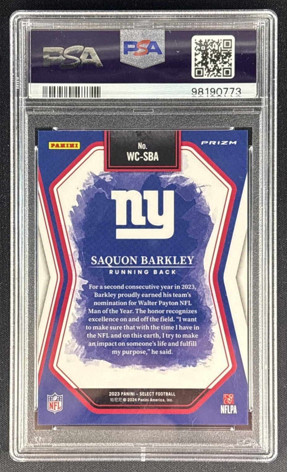 Saquon Barkley 2023 Panini Select Watercolors PSA 10 Giants back
