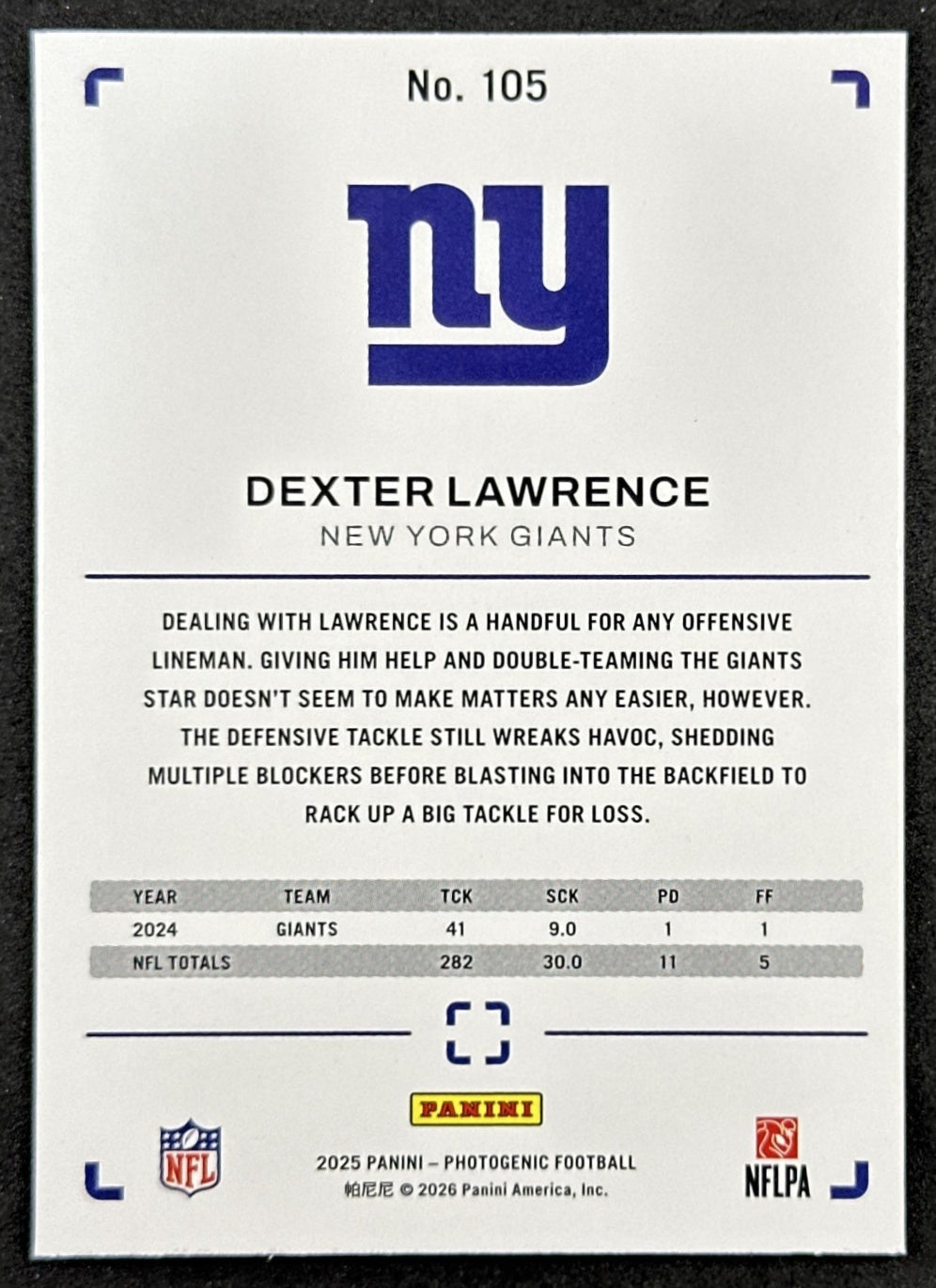 Dexter Lawrence 2025 Panini PhotoGenic Horizontal Giants back