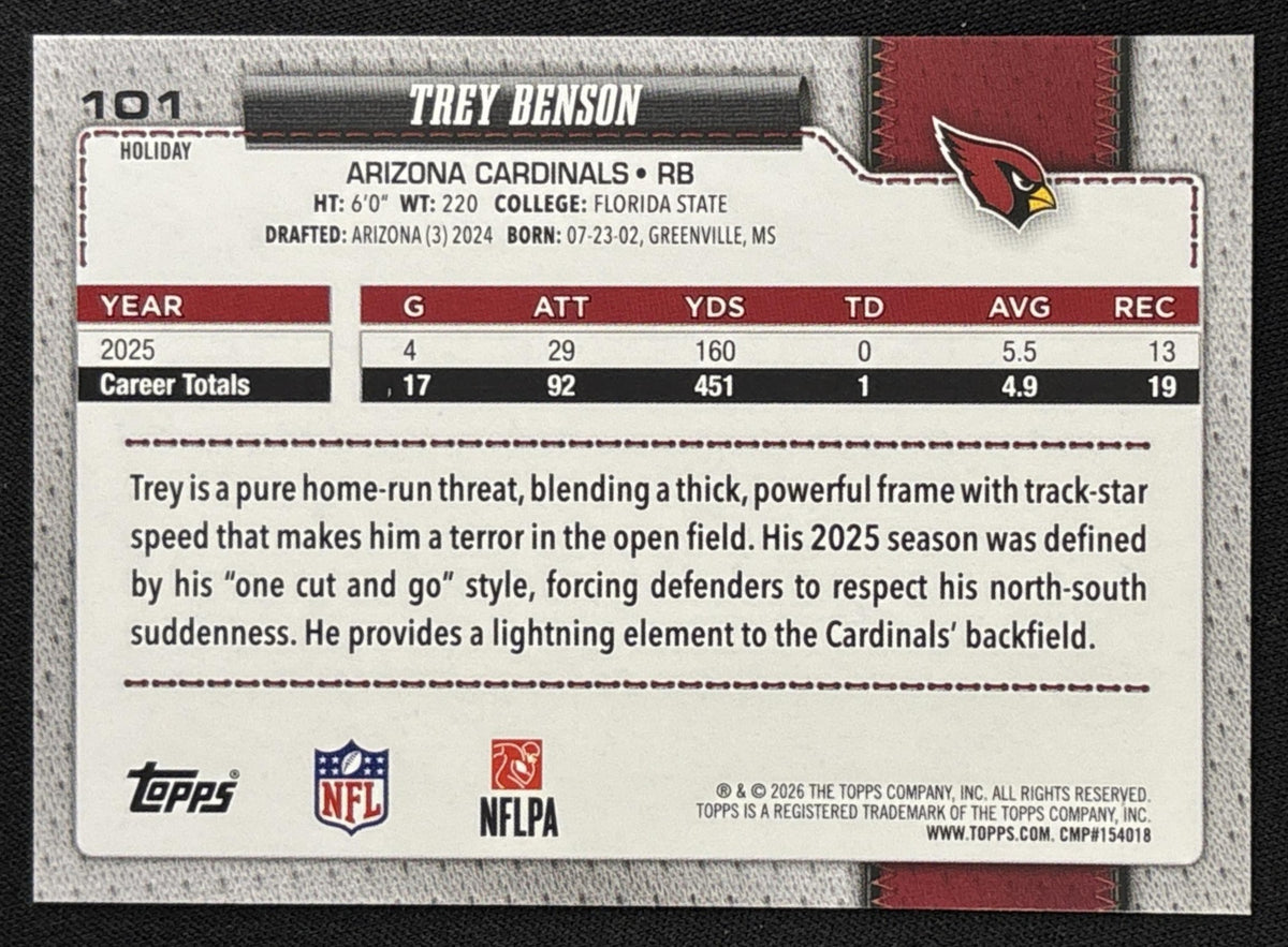 Trey Benson 2026 Topps Holiday Blue Metallic Glitter Cardinals | Arizona Cardinals