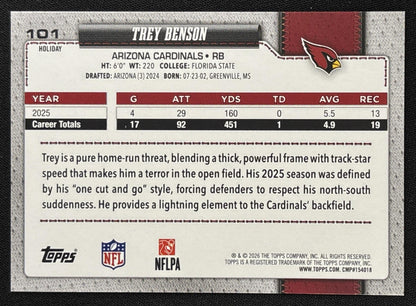 Trey Benson 2026 Topps Holiday Blue Metallic Glitter Cardinals | Arizona Cardinals