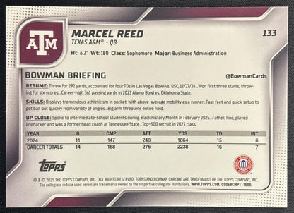 Marcel Reed 2025 Chrome University Prospects Lime Green Refractor /275 Aggies back