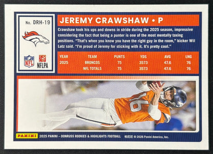 Jeremy Crawshaw 2025 Donruss The Rookies Broncos Sports Trading Card