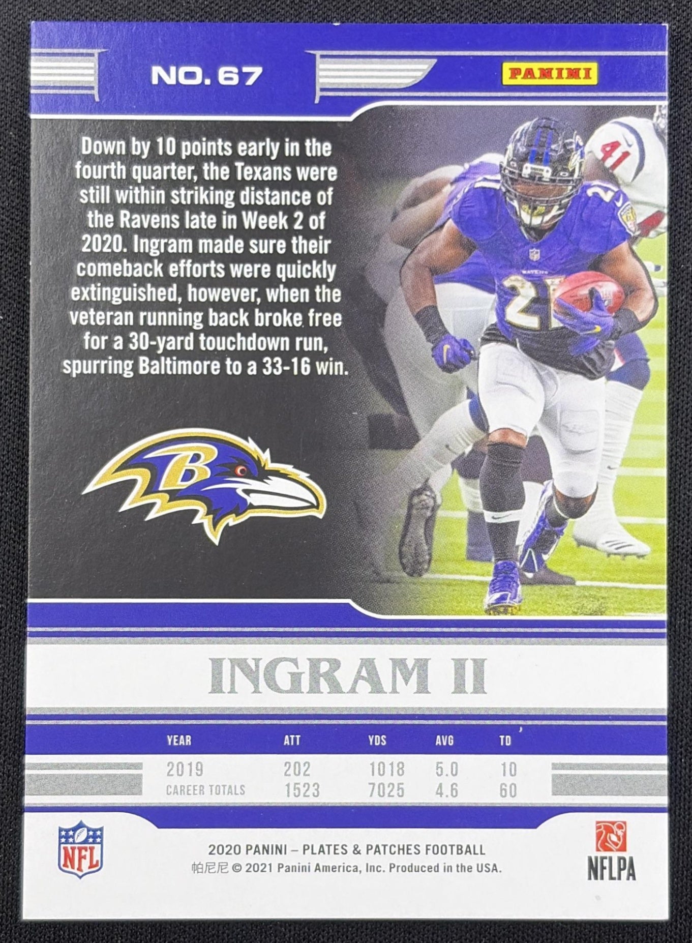 Mark Ingram II 2020 Panini Plates & Patches Orange /65 Ravens