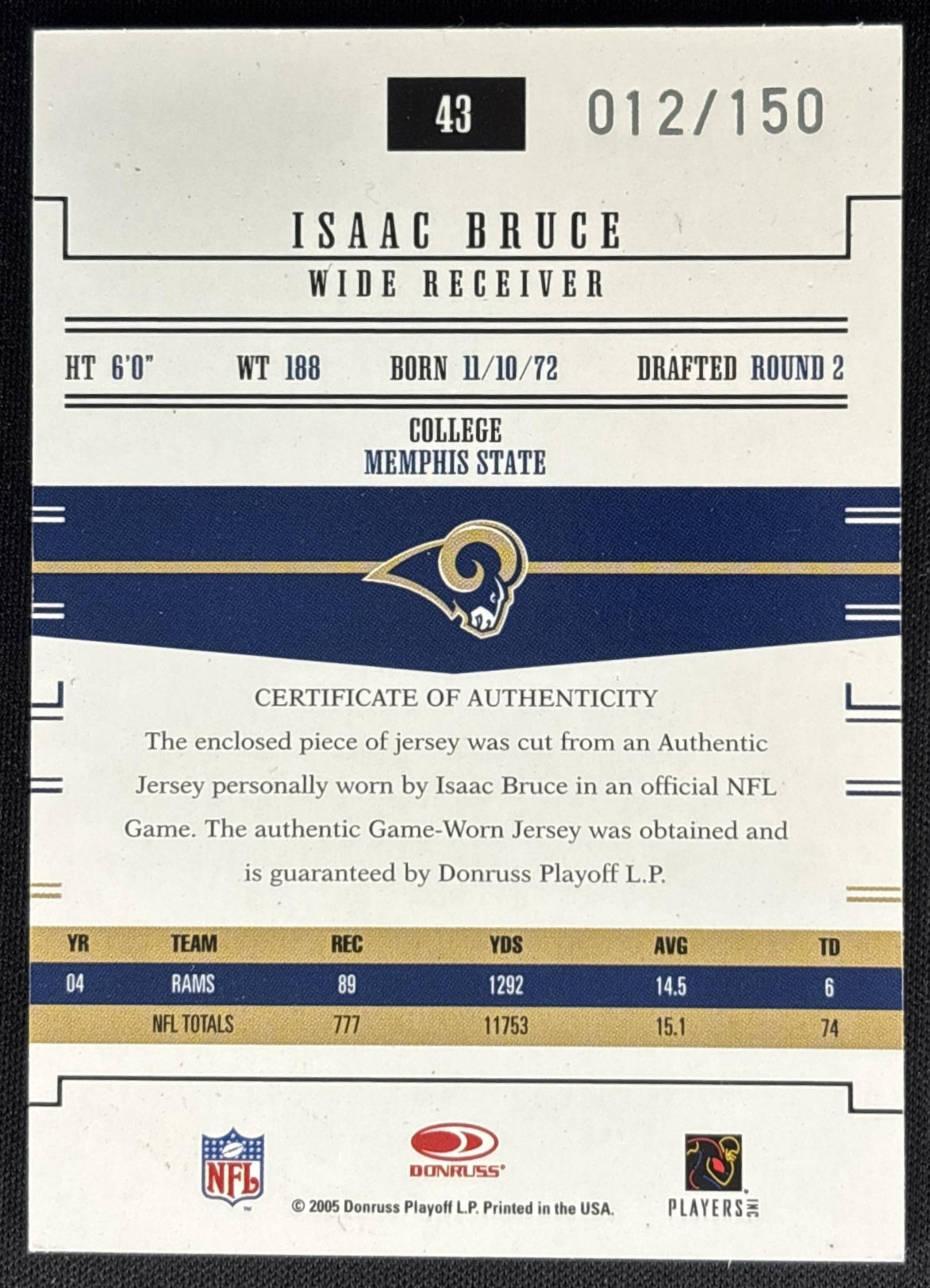 Isaac Bruce 2005 Donruss Gridiron Gear Jerseys /150 Rams