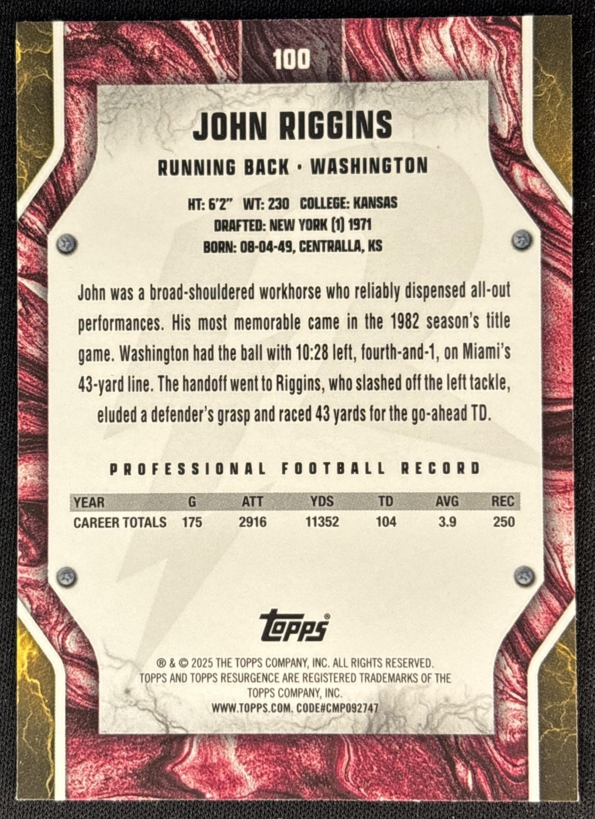 John Riggins 2024 Topps Resurgence Aqua Surge /249