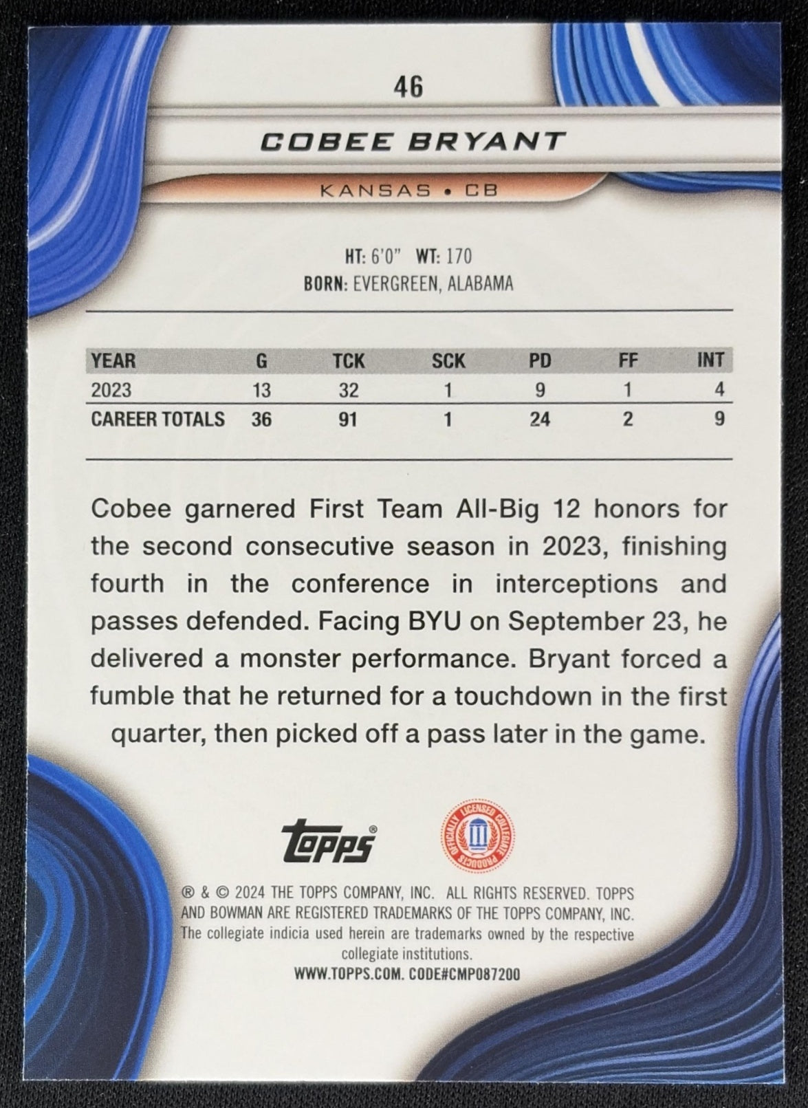 Cobee Bryant 2024 Bowman Best University Aqua Refractor /225 Jayhawks Sports Trading Cards