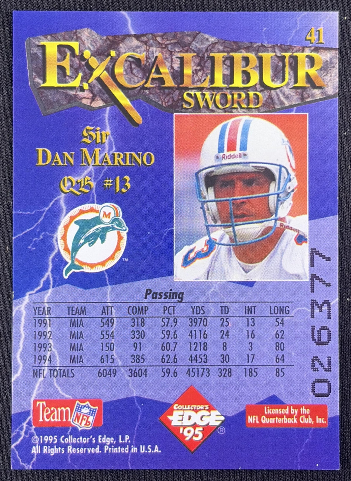 Dan Marino 1995 Collector's Edge Excalibur Dolphins