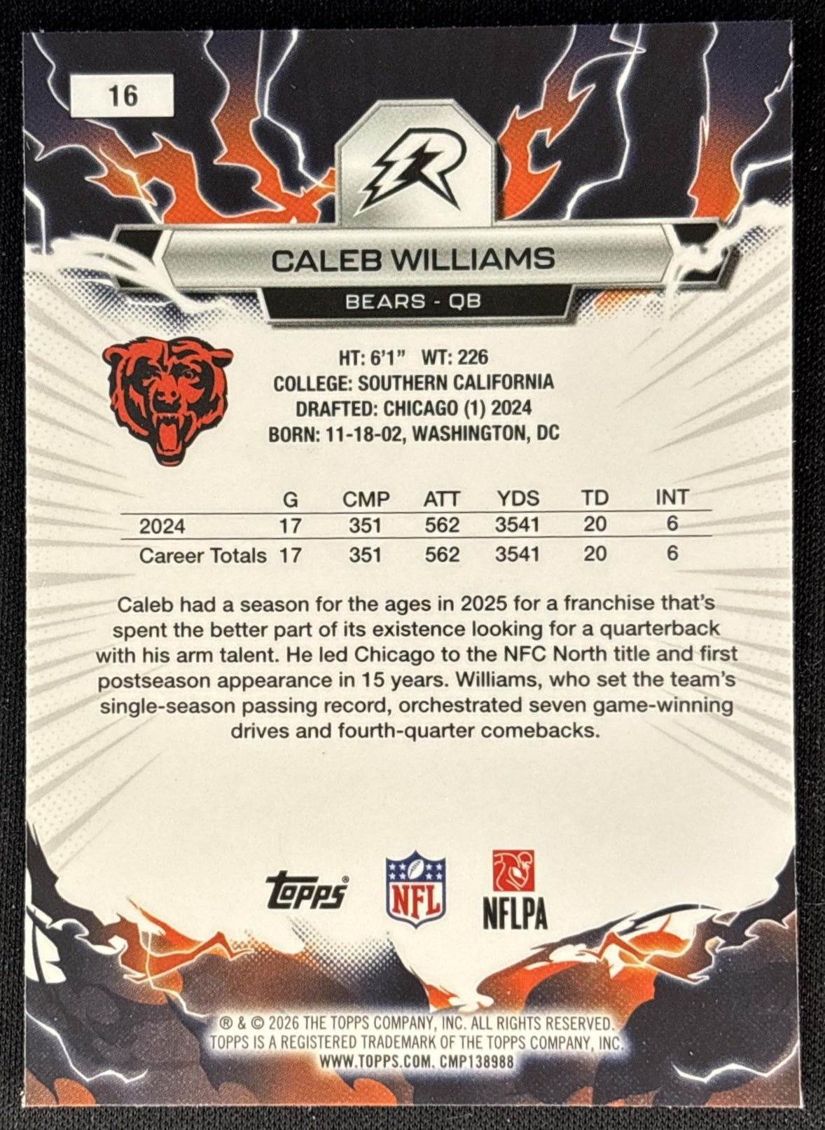 Caleb Williams 2025 Topps Resurgence Bears Chicago Bears back