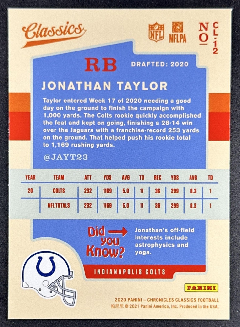 Jonathan Taylor 2020 Panini Chronicles Classics Colts Sports Trading Card