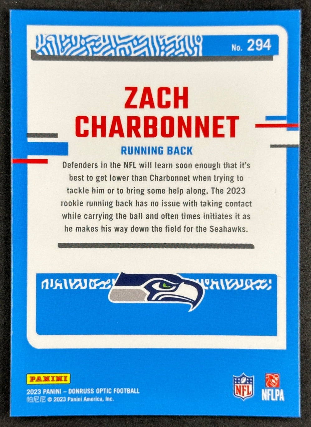 Zach Charbonnet 2023 Donruss Optic Rated Rookie Seahawks Trading Card