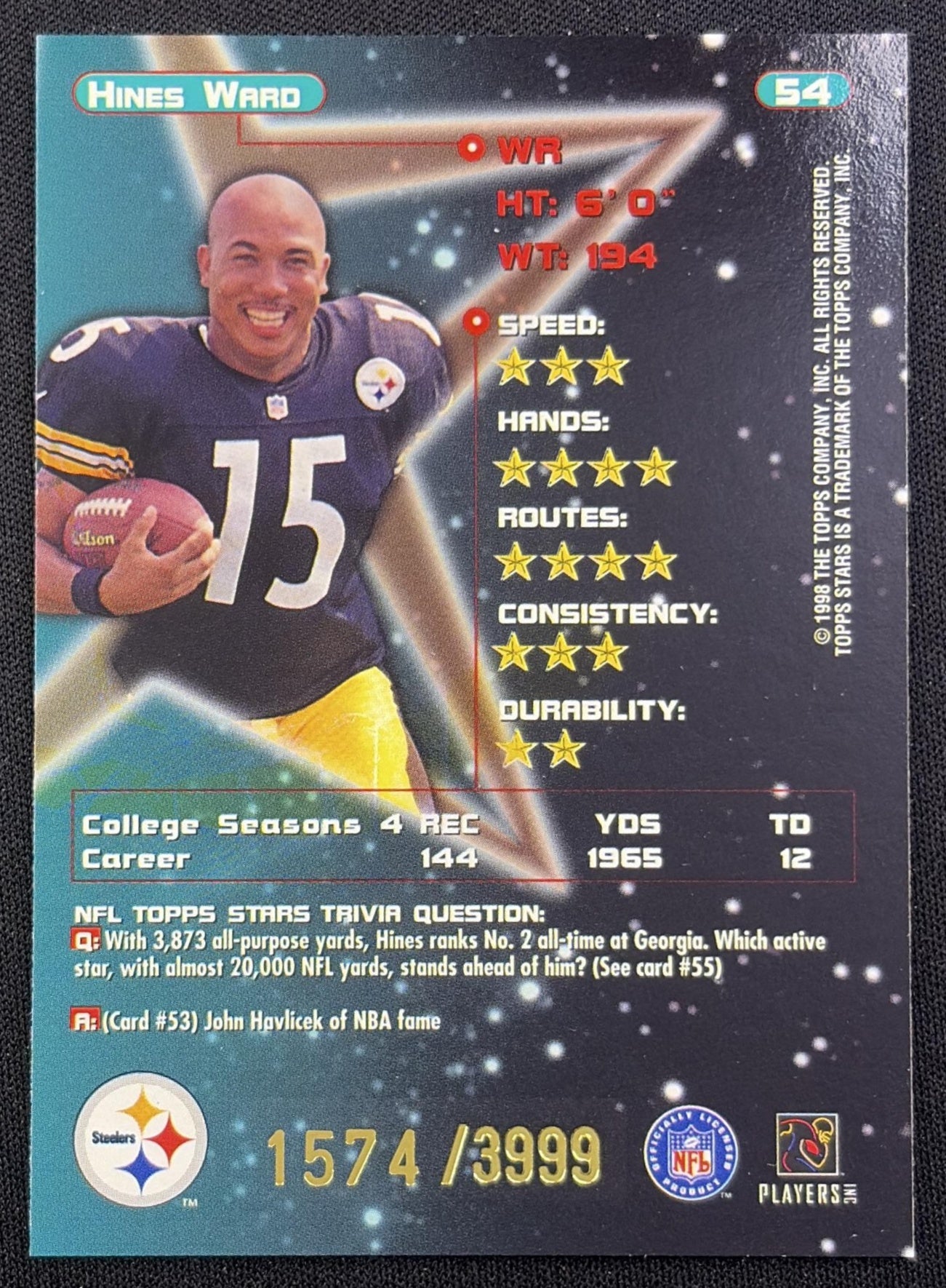 Hines Ward 1998 Topps Stars Silver Star /3999 Steelers back