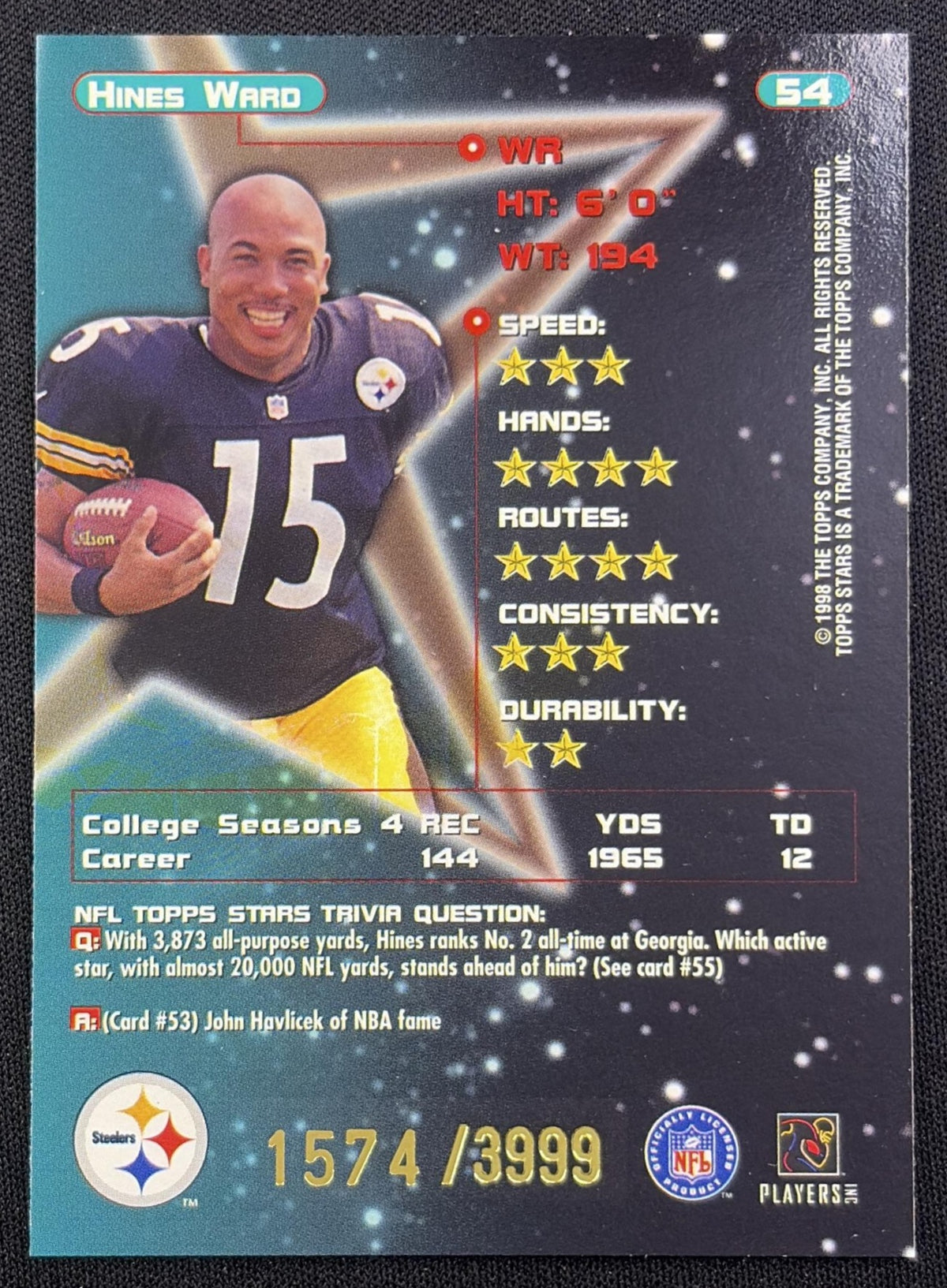 Hines Ward 1998 Topps Stars Silver Star /3999 Steelers back