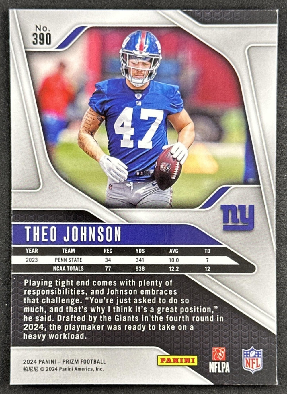 Theo Johnson 2024 Panini Prizm Giants back
